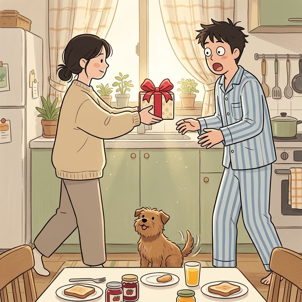 She shyly hands him a small wrapped present on his birthday morning.