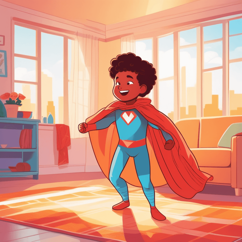 A pretend superhero child striking an heroic pose in a living room