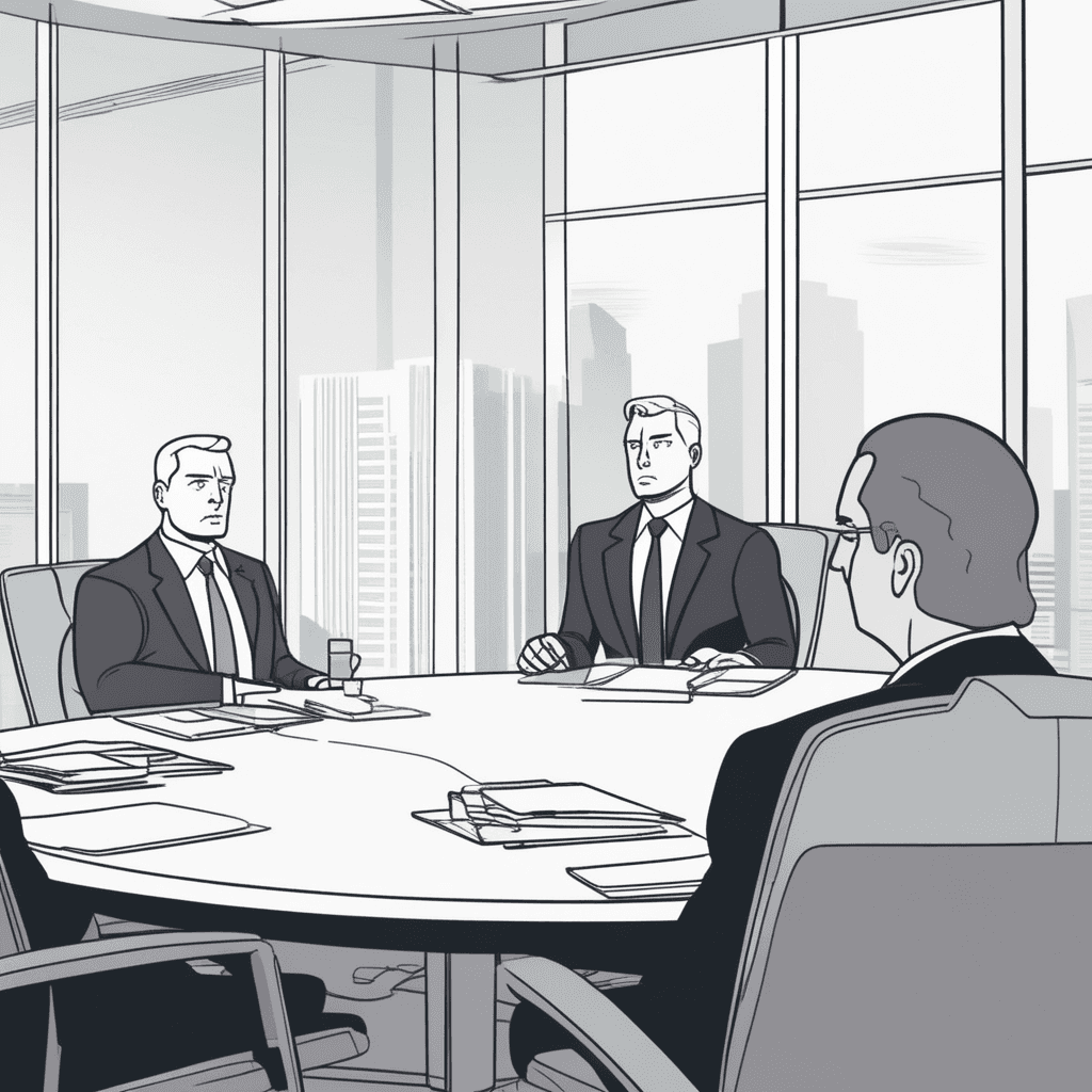a sweating business executive shifts uncomfortably in his chair while looking away from two serious investigators across the table. He gestures vaguely with his hands while his mouth is open mid-sentence, clearly avoiding direct answers. The investigators lean forward with skeptical expressions and crossed arms, growing more frustrated. Their body language shows they recognize he's not being straightforward with them. One investigator taps a pen impatiently while papers spread across the table remain unaddressed. The executive continues to fidget and avoid eye contact as tension fills the room. someone speaking in an evasive way to avoid telling the truth