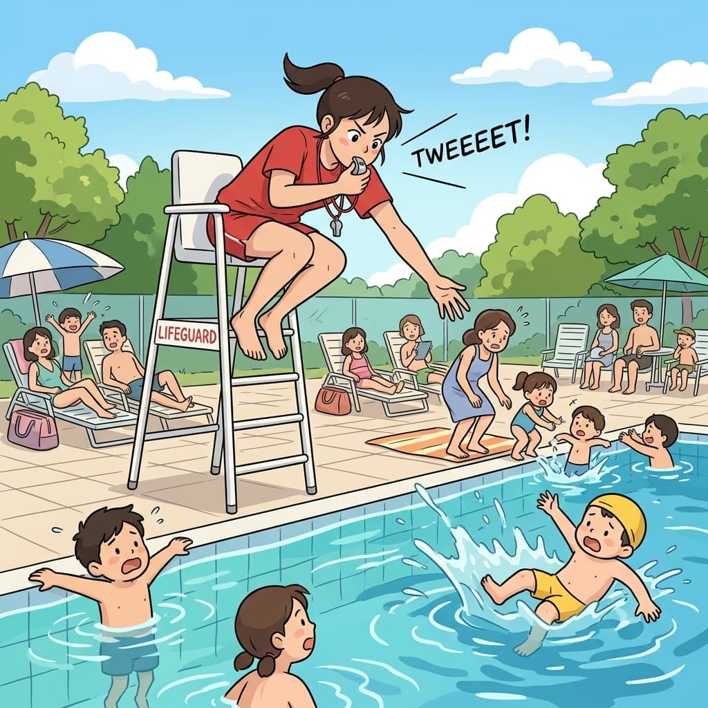The lifeguard's quick whistle helped prevent a serious accident at the pool.