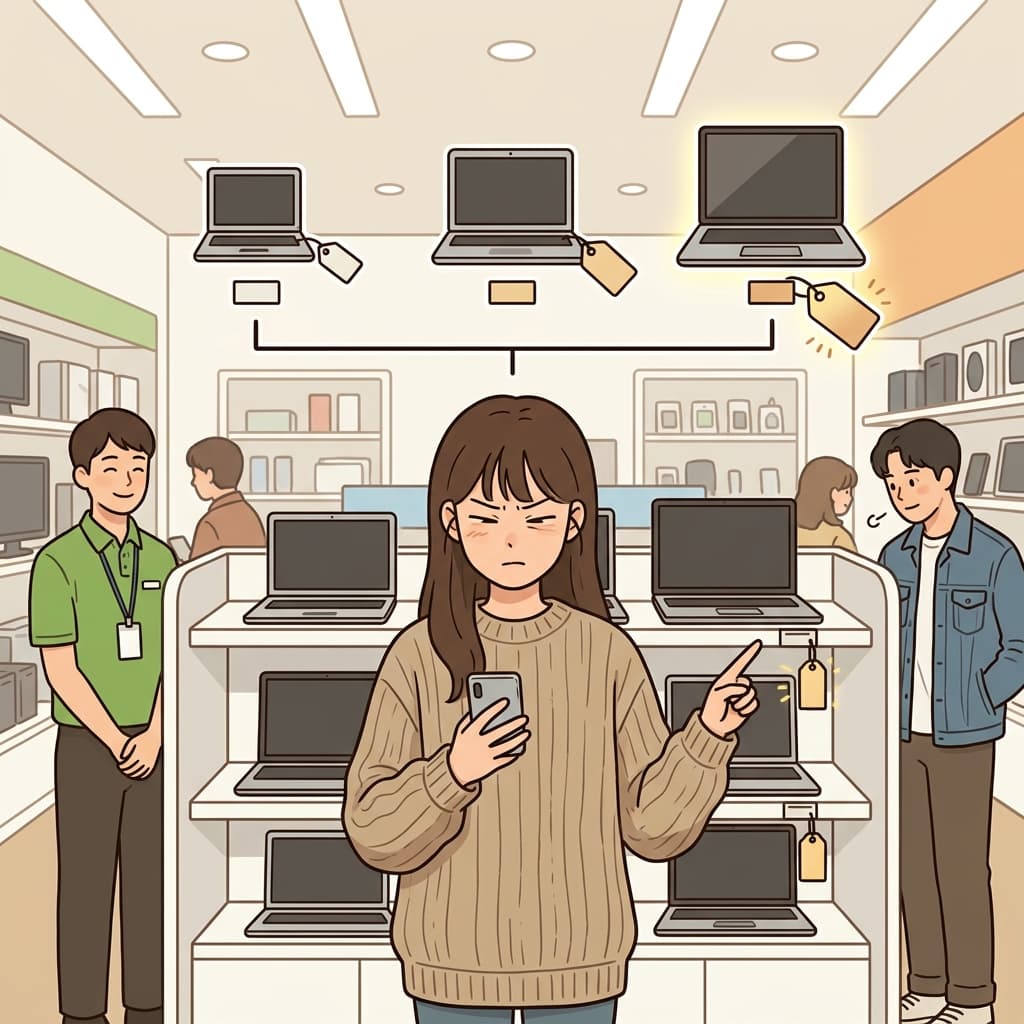 She checks the price range of laptops before deciding which one to buy.