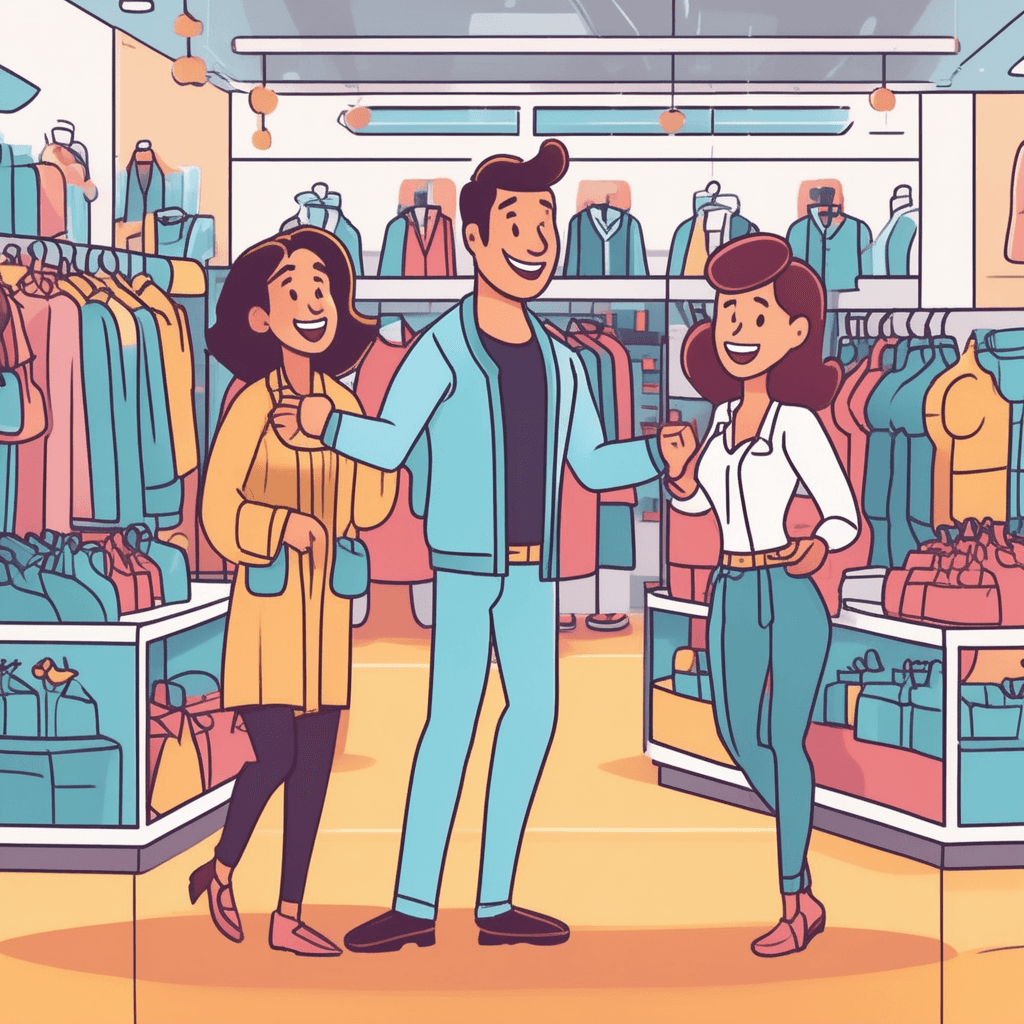 a cheerful store clerk holds up a jacket while gesturing enthusiastically to a surprised customer. The customer examines the same jacket she was looking at earlier with a delighted expression. The clerk points to where the original higher amount was crossed out on a blank tag, now showing a much lower amount. The customer's face lights up as she realizes she can afford the jacket now. Other shoppers in the background browse through marked-down merchandise with excited expressions. Store employees arrange discounted items on display racks throughout the scene. a decrease in the amount of money charged for goods or services
