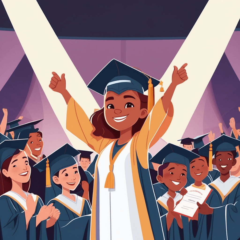 a young graduate in cap and gown holds up their diploma with a beaming smile and raised fist. Their chest puffed out and head held high as they savor this crowning moment. Their parents in the audience stand and cheer with tears of joy streaming down their faces. The graduate's younger sibling points excitedly at their accomplished older brother or sister. the deep pleasure and satisfaction felt from achieving this major milestone