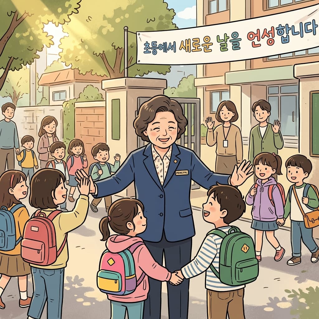 The principal greets students at the school gate every morning with a warm smile.