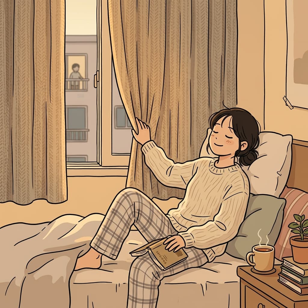She closes the curtains to enjoy some privacy while reading.