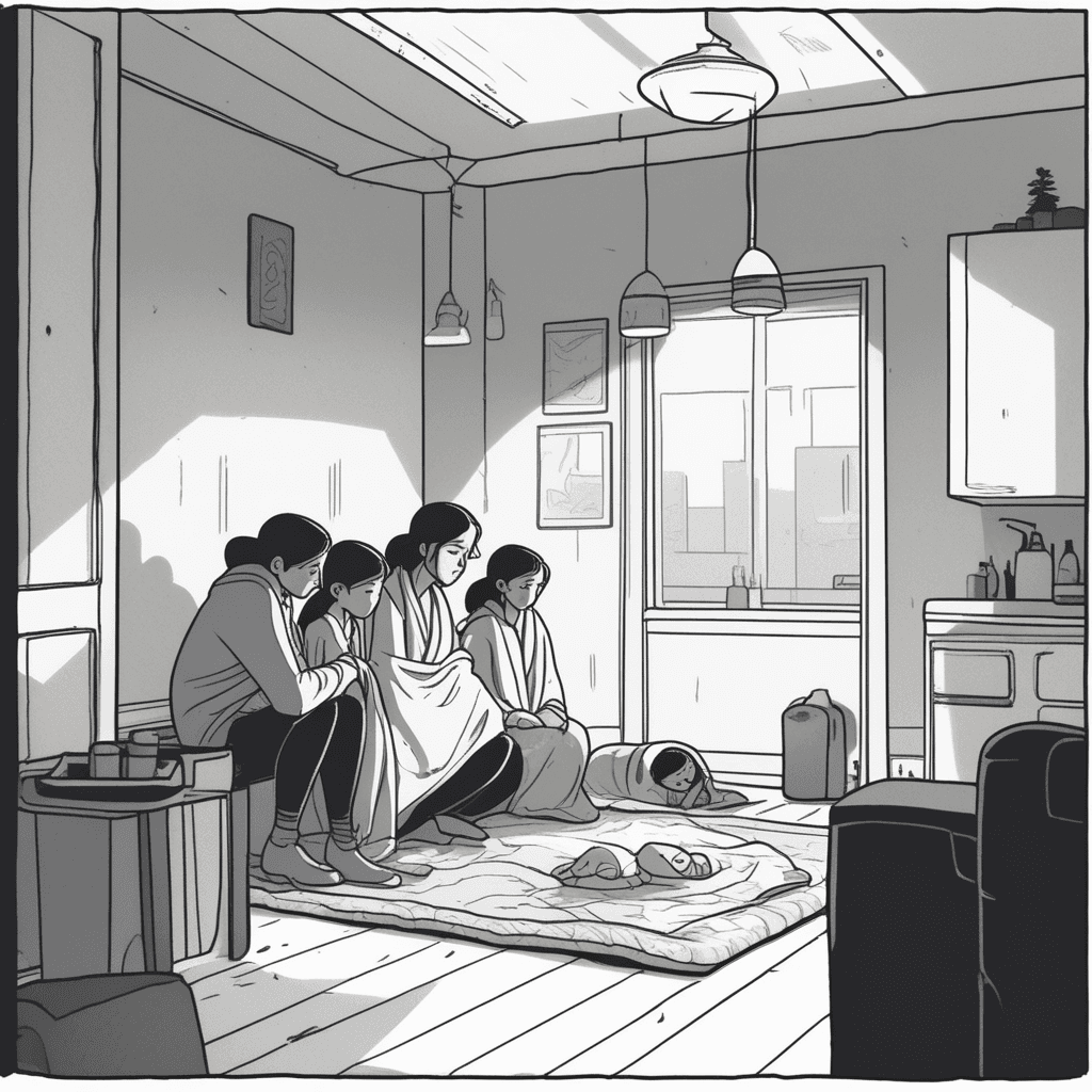 a mother wraps her two young children in thin blankets as they sit close together on a bare mattress. Their breath is visible in the cold air as they shiver despite being pressed against each other. The empty kitchen shelves and bare cupboards show no food remaining. The broken heater sits silent while frost forms on the cracked windows. The children look up at their mother with worried expressions as she tries to keep them warm. The mother's face shows concern as she pulls the inadequate blankets tighter around her family. a state in which things essential for human well-being such as food and warmth are scarce or lacking