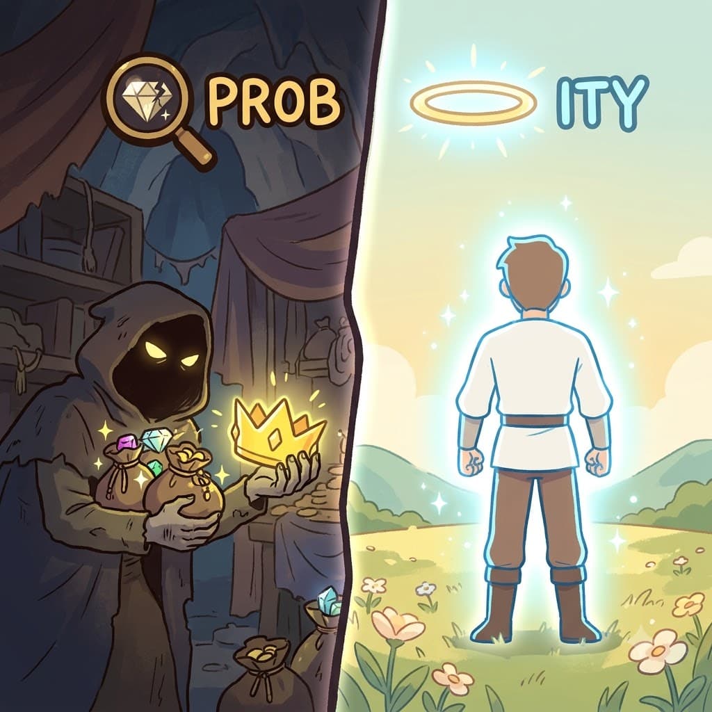 PROB(test/prove) + ITY(state) — entering a state(ITY) of being fully tested and PROB(proven) pure, the hero's probity shone brightly.