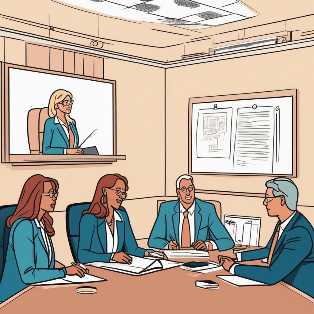 a secretary sits at a large table carefully writing notes while board members discuss around her. She captures every detail of the conversation in her official record book. As each person speaks, she looks up attentively then writes down their statements. The meeting chairman gestures toward charts while other members nod and raise hands to vote. Other participants lean forward engaging in the formal discussion process. the series of meeting activities being formally recorded as they unfold