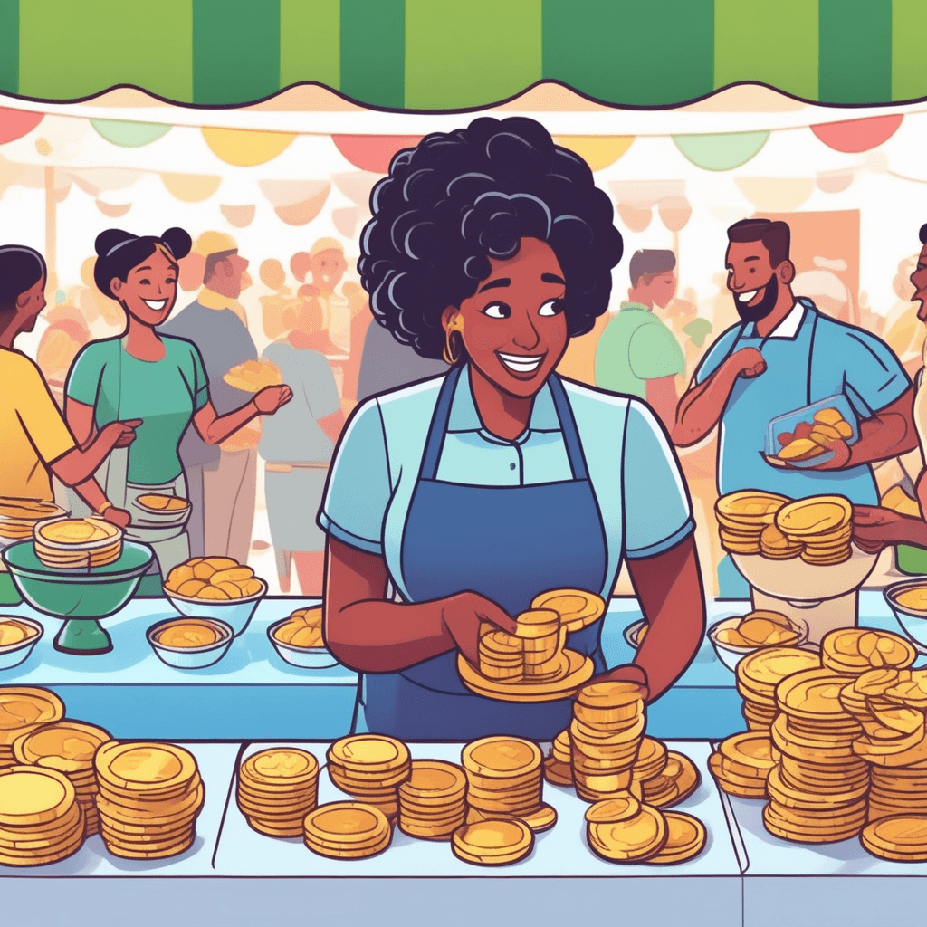 a smiling volunteer counts a stack of bills and coins at the bake sale table after selling many homemade goods. She places the collected money into a clear donation jar that's already half full. The empty cake plates and cookie trays show how successful the sales have been. A customer in the background walks away happily with a bag of purchased treats. Other volunteers celebrate as they see how much money has been collected from their fundraising efforts. money obtained from selling something at a fundraising event