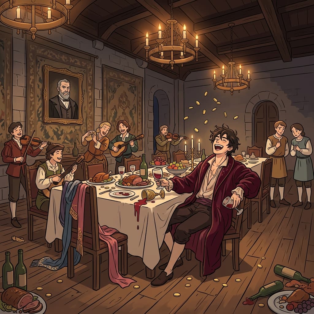 The prodigal heir wastes his father's fortune on wild feasts and gold.