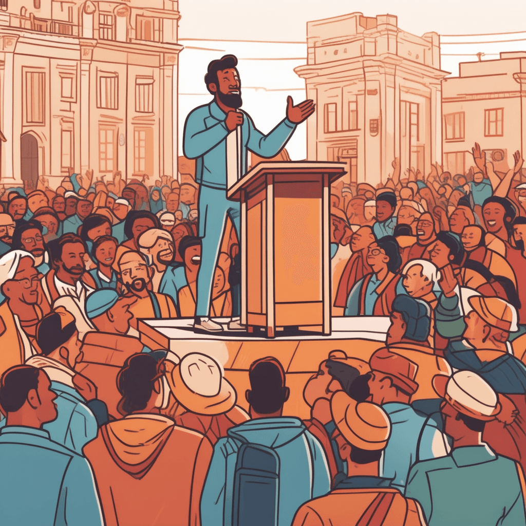 a confident person stands on a wooden platform with arms raised, mouth open as they speak passionately to the gathered crowd below. Their posture shows conviction and determination as they gesture broadly while making their announcement. The crowd listens intently with mixed expressions of surprise, curiosity, and skepticism on their faces. Some people whisper to each other while others lean forward to hear better, creating a buzz of reaction throughout the square. someone claiming or declaring something openly to others.