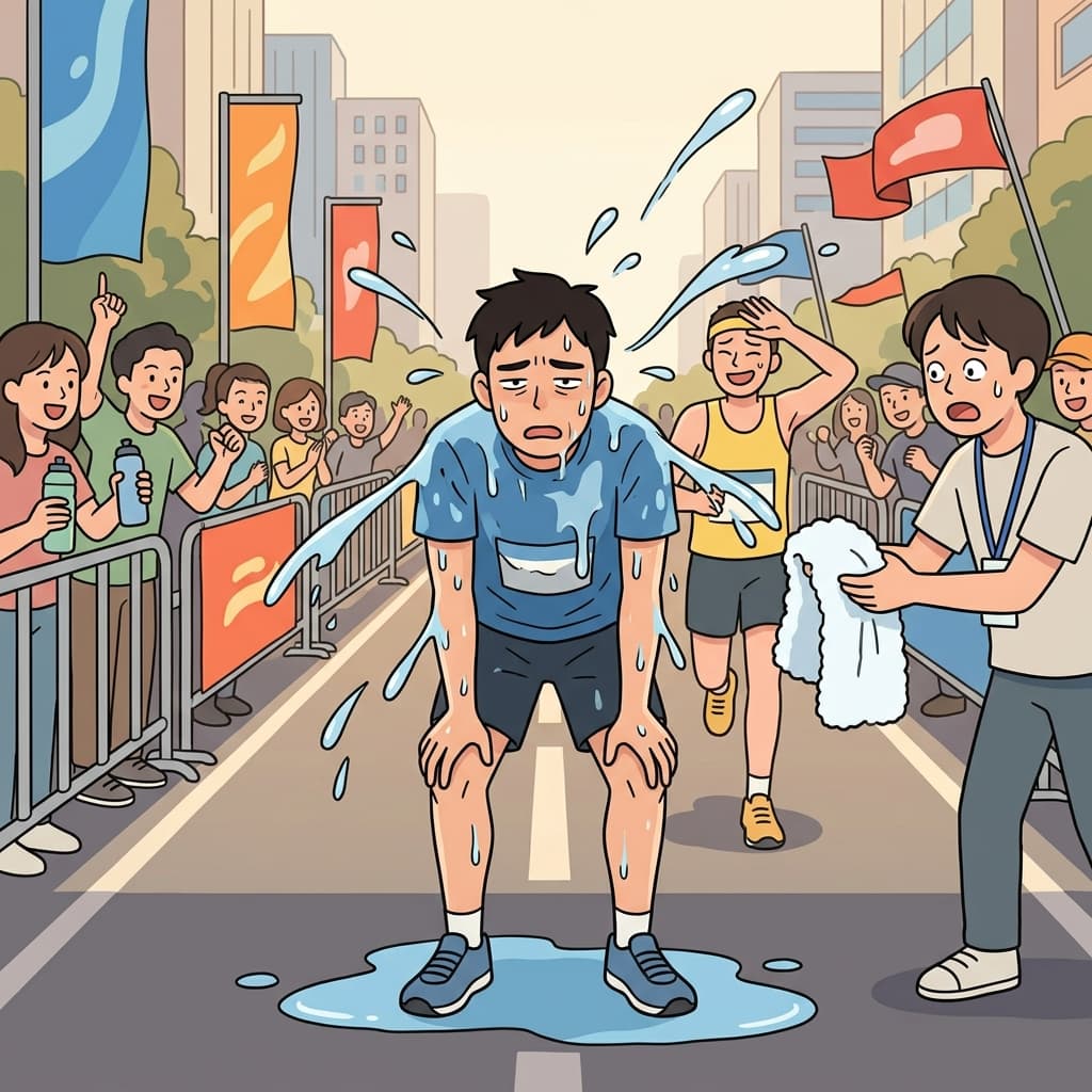 After the marathon, he was sweating profusely under the summer sun.