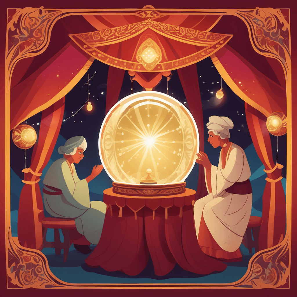 an elderly fortune teller with flowing robes gazes intently into a glowing crystal ball while moving her hands mysteriously above it. Swirling mist and ethereal images of future scenes appear within the crystal sphere. A young customer sits across from her, leaning forward with anticipation and wonder. The crystal ball reveals glimpses of upcoming events - a wedding, rain clouds, and golden coins floating in the mystical vapor. Other carnival visitors peek through the tent opening, curious about the supernatural predictions being made. the action of foretelling or prophesying future events