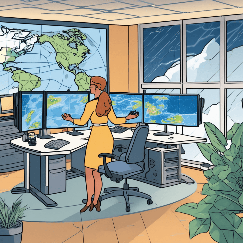 a meteorologist points at a large weather map showing storm patterns moving across the region. She traces the storm's path with her finger while looking at current radar data on her computer screen. Based on the storm's current speed and direction, she can see exactly where it will hit tomorrow. Her assistant takes notes while watching the storm's predicted path unfold on the screen. Other weather monitoring equipment shows real-time atmospheric conditions in the background. future weather conditions being estimated based on current observable trends and data