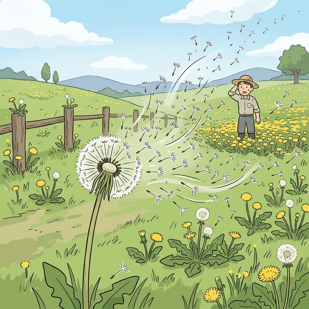 Dandelion seeds spread everywhere, causing rapid proliferation across the meadow.