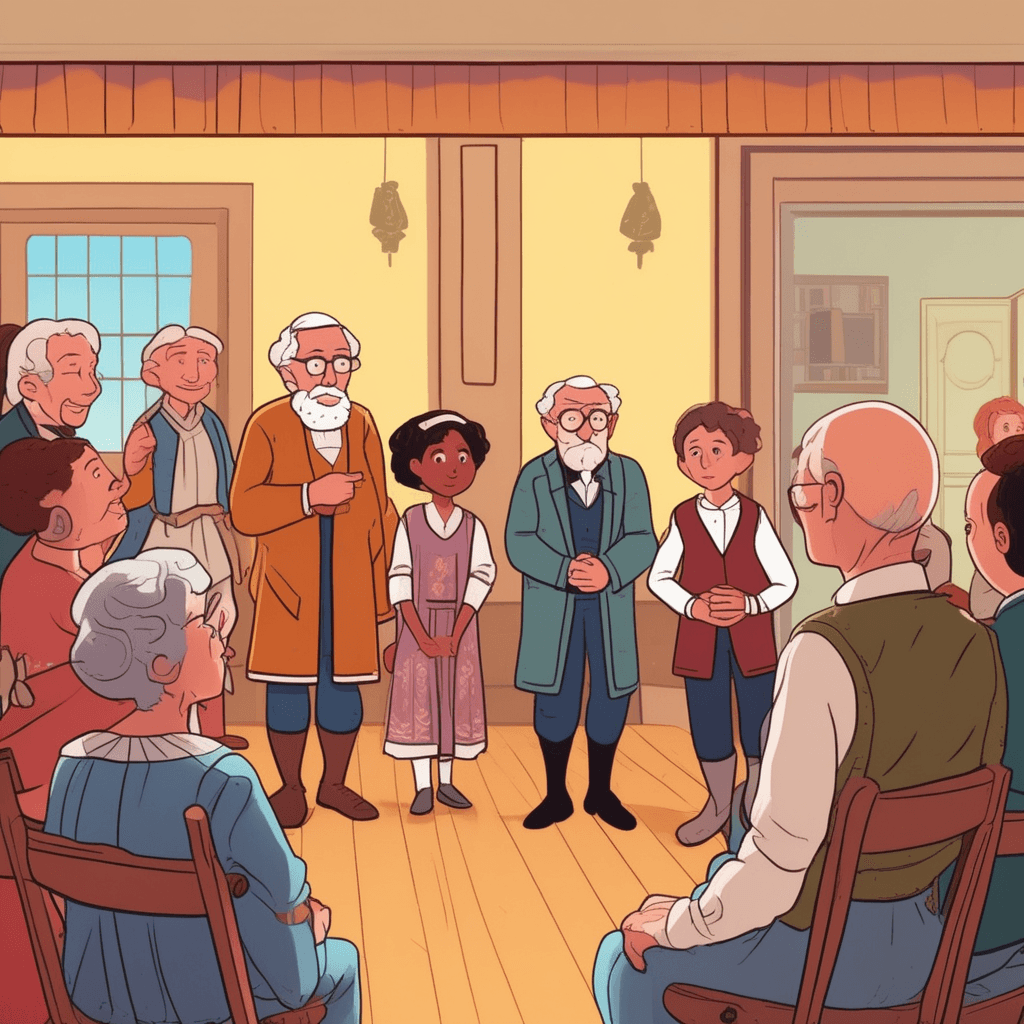 an elderly narrator in costume stands before a gathered group of young actors, gesturing expressively as he tells them the backstory of their play. His animated face and outstretched hands show him explaining important background details that happened before their story begins. The actors listen intently, some nodding as they absorb the context they need to understand their roles. This background information helps set up the main story that will follow on stage. The young performers look more confident and prepared after hearing these foundational details. an introductory section that provides essential context and background information before the main work begins