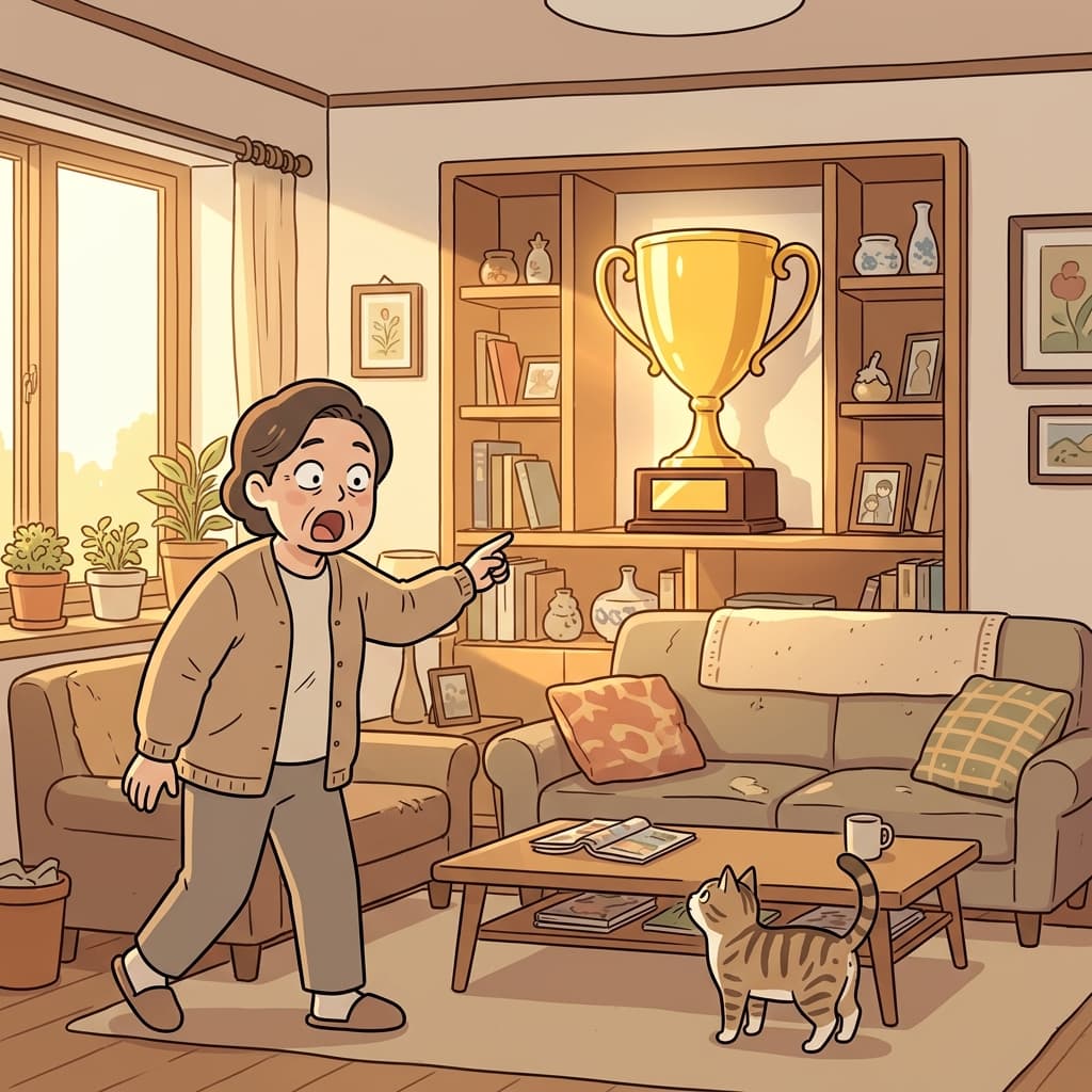 The championship trophy sits prominently on the shelf, catching every visitor's eye.
