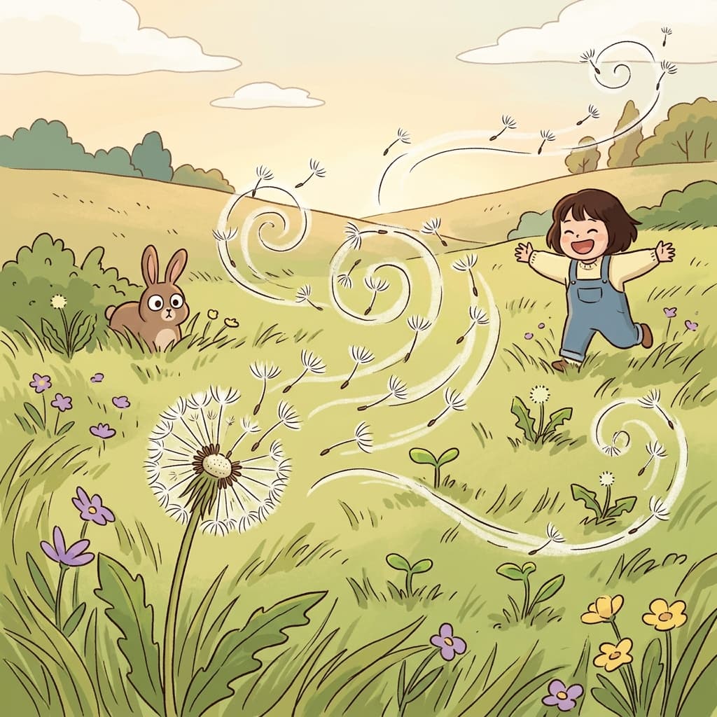 The dandelion's propagation begins as seeds drift across the meadow on the wind.