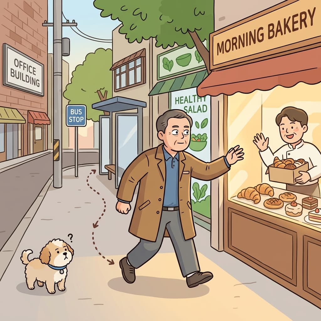 His propensity for sweets leads him straight to the bakery every morning.