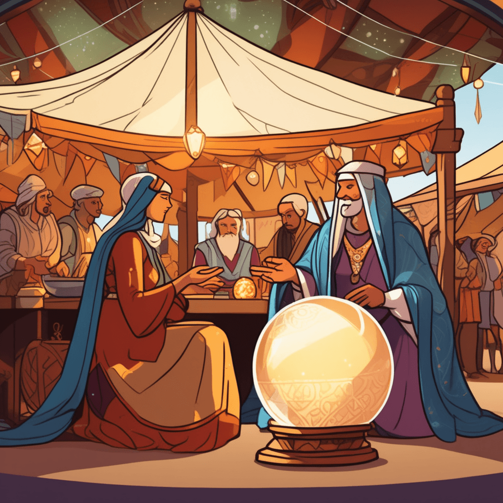 an elderly fortune teller with flowing robes gazes intensely into a glowing crystal ball while a young merchant sits across from her. She points dramatically at swirling images appearing in the crystal showing storm clouds and flooding. Outside the tent, dark storm clouds are already gathering in the sky exactly as shown in her vision. The merchant looks amazed as he notices the real weather matching her prediction perfectly. Other market visitors peek into the tent, pointing excitedly at both the crystal ball's images and the approaching storm. someone accurately describing or predicting what will happen in the future