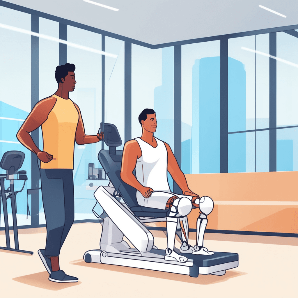 a determined patient takes confident steps using a high-tech robotic leg prosthetic while holding parallel bars. The mechanical limb moves smoothly with each step, showing precise joint movement and natural gait patterns. A physical therapist walks alongside offering encouragement and monitoring the patient's progress. Other patients in the background practice with various artificial arms and legs at different therapy stations. The therapist adjusts settings on the prosthetic device to optimize performance. The patient's face shows joy and accomplishment as they master walking with their new artificial limb. artificial body parts designed to replace missing or damaged limbs or organs