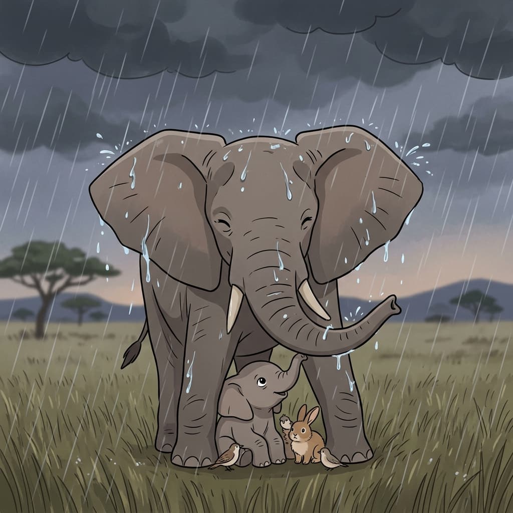 A mother elephant shields her calf from heavy rain, giving full protection under her body.
