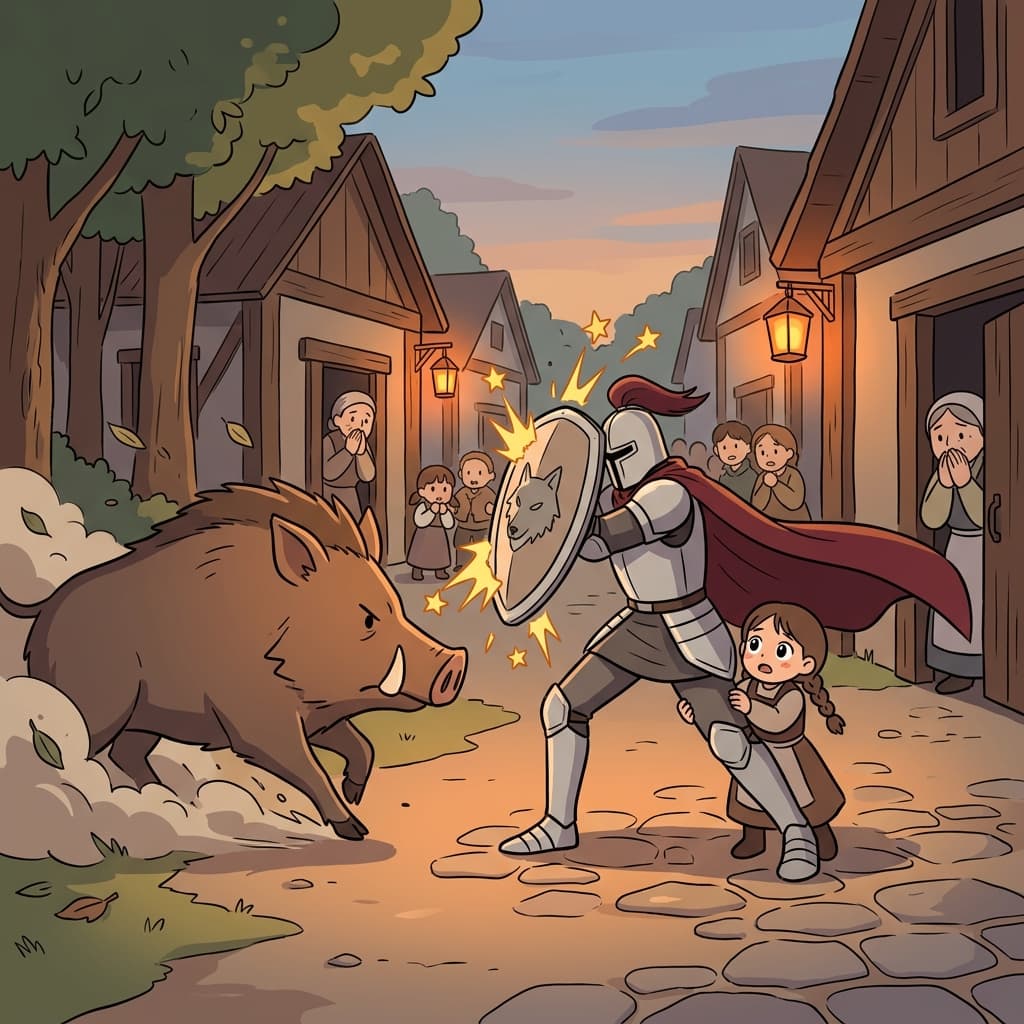 The knight stands as a protector, shielding the village children from the charging beast.