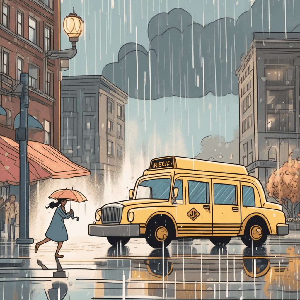 a businesswoman rushes toward the street corner while heavy rain starts falling from dark clouds above. She realizes she forgot her umbrella and looks worried about getting completely drenched. At that exact moment, an empty taxi turns the corner and pulls up right beside her. The taxi door opens just as the rain becomes heaviest, offering perfect shelter. Other pedestrians nearby scramble for cover under awnings and look envious of her perfect timing. The taxi driver smiles warmly as she gratefully gets into the dry vehicle. something happening at exactly the right time through divine guidance or incredible luck