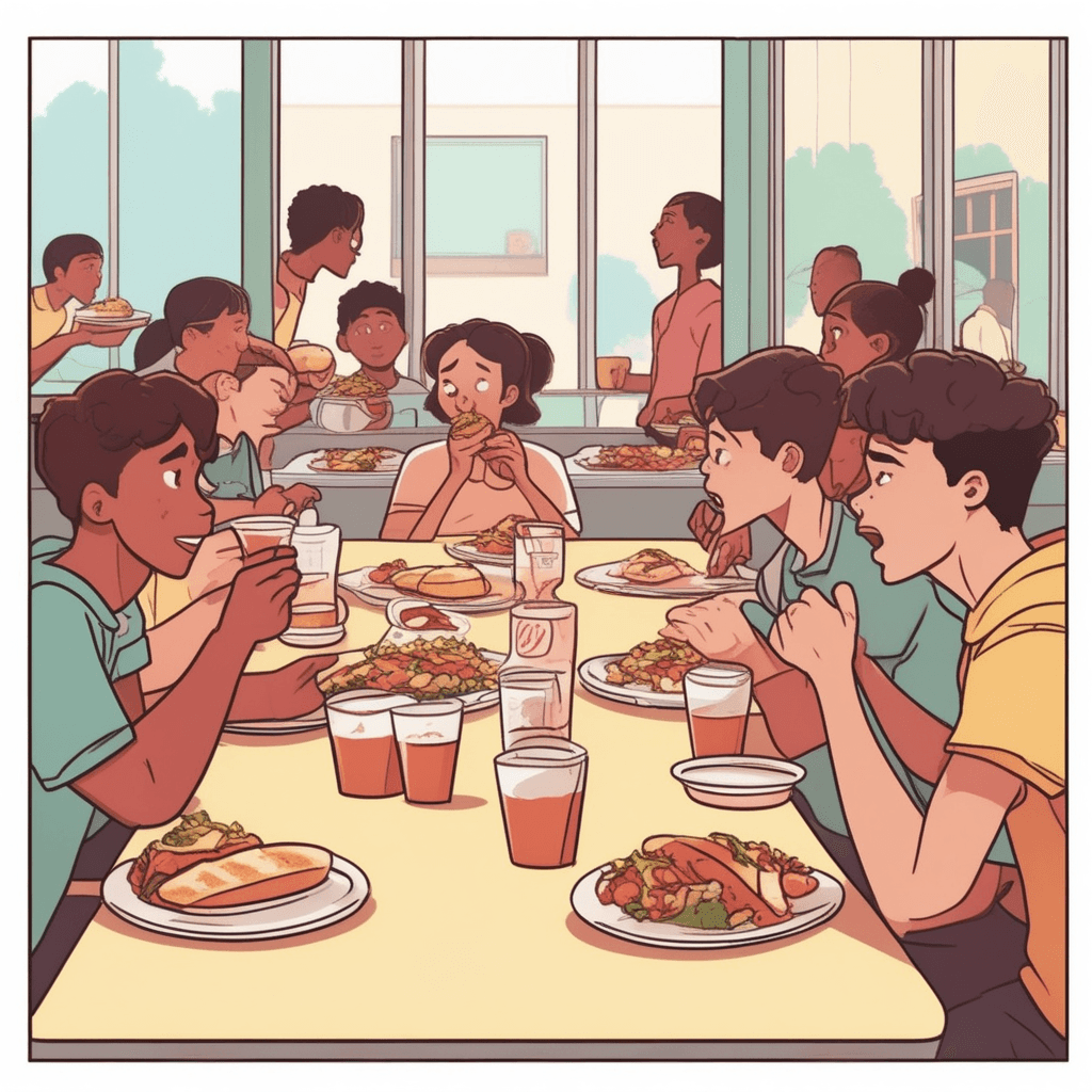 a mischievous student deliberately flicks food across the table at another student who is quietly eating lunch. The food splashes onto the victim's clean shirt and face. The targeted student's expression changes from calm to angry as they realize what happened. Their fists clench and their face turns red with frustration. Other students at nearby tables turn to watch the brewing conflict. Some look shocked while others anticipate what will happen next. action or speech that makes someone annoyed or angry, especially deliberately