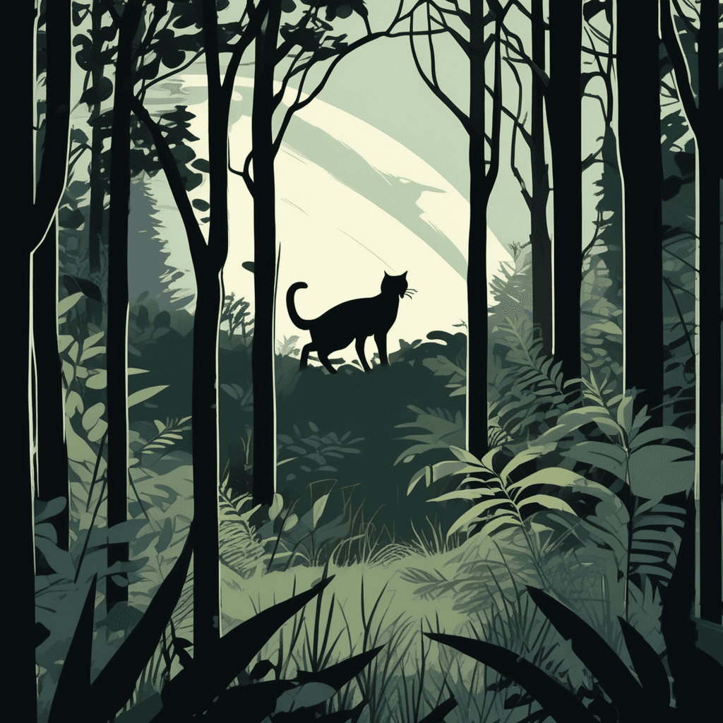 a large wild cat moves silently through the forest undergrowth with its body low to the ground. Its eyes are fixed intensely on a small rabbit grazing near a fallen log ahead. The cat carefully places each paw without making sound, muscles tensed and ready to spring. The rabbit remains unaware of the approaching danger, peacefully nibbling on grass. Other small forest creatures hide in the shadows, sensing the tension in the air. Birds perch motionless on branches above, watching the slow hunt unfold. the cat prowling stealthily in search of prey