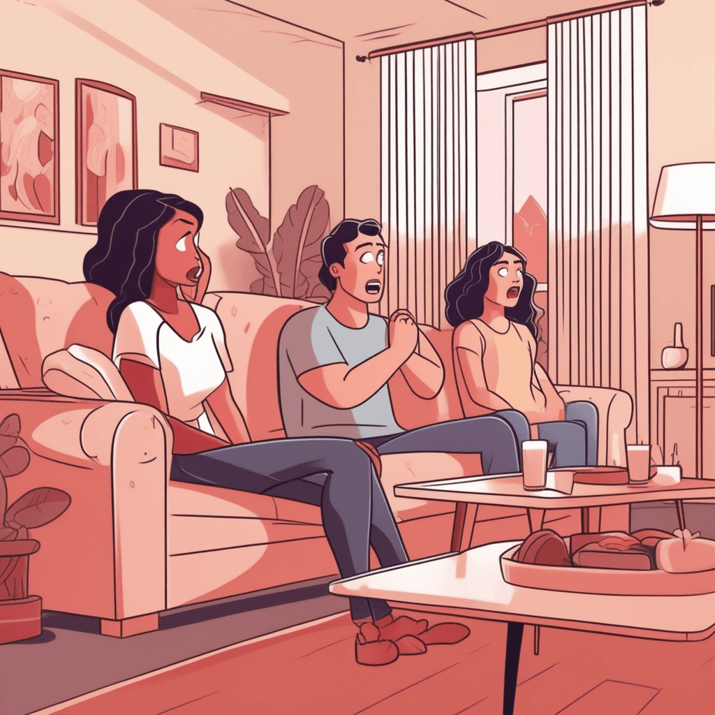 a woman sits rigidly on the couch with her hands covering her eyes in horror while peeking through her fingers. She recoils backward dramatically as a mild romantic scene plays on the television screen. The movie shows nothing more than two people about to kiss in a garden setting. Her friends sitting beside her roll their eyes and look annoyed at her extreme reaction. One friend points at the screen with confusion while another shakes her head in disbelief. a person who is easily shocked by matters relating to romance or mild intimate content