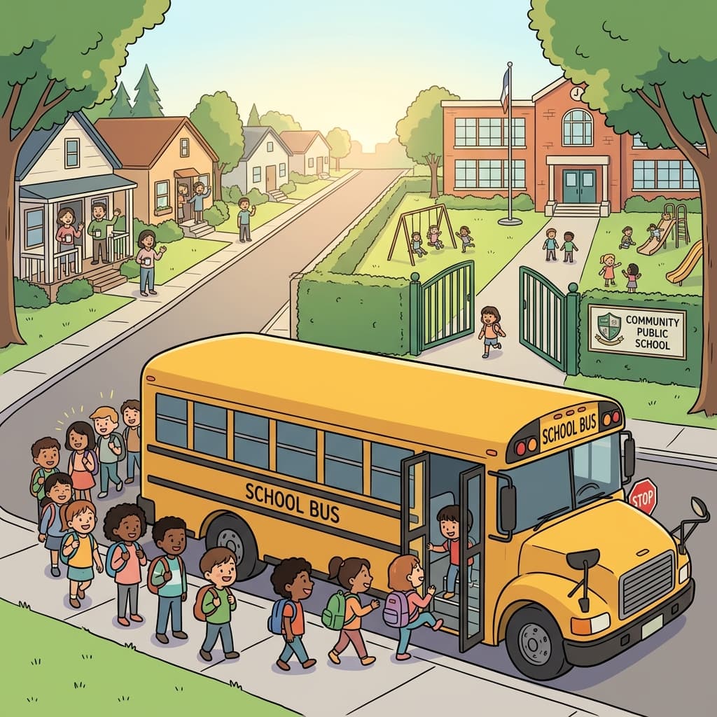 Kids board the yellow bus heading to the local public school every morning.