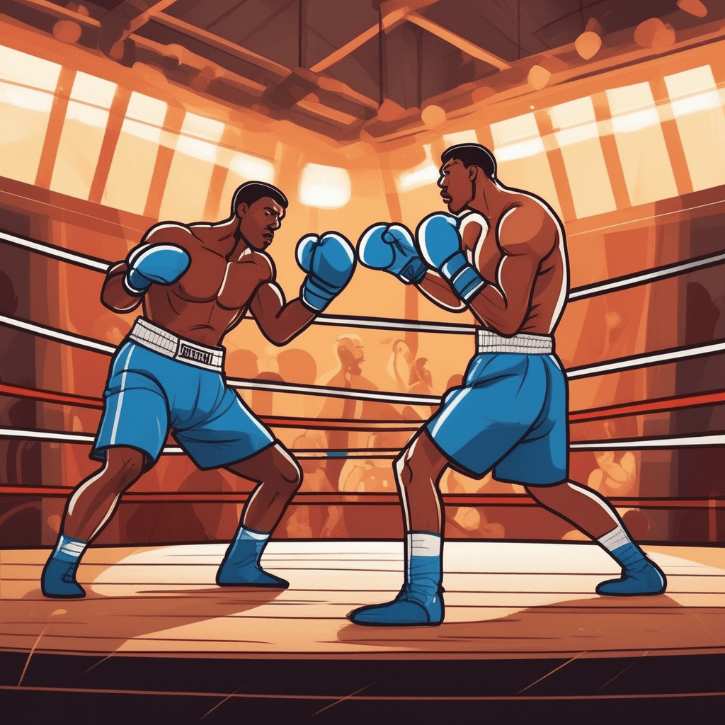 two muscular boxers wearing protective gloves throw punches at each other in intense combat. One boxer dodges while preparing a counterattack as his opponent swings forward. The force of their movements creates motion lines around their gloves and bodies. Sweat flies from their faces as they engage in this demanding physical contest. A referee watches closely from the side while spectators cheer from the surrounding seats. The crowd leans forward with excitement as the athletic competition unfolds. the sport or practice of boxing in action