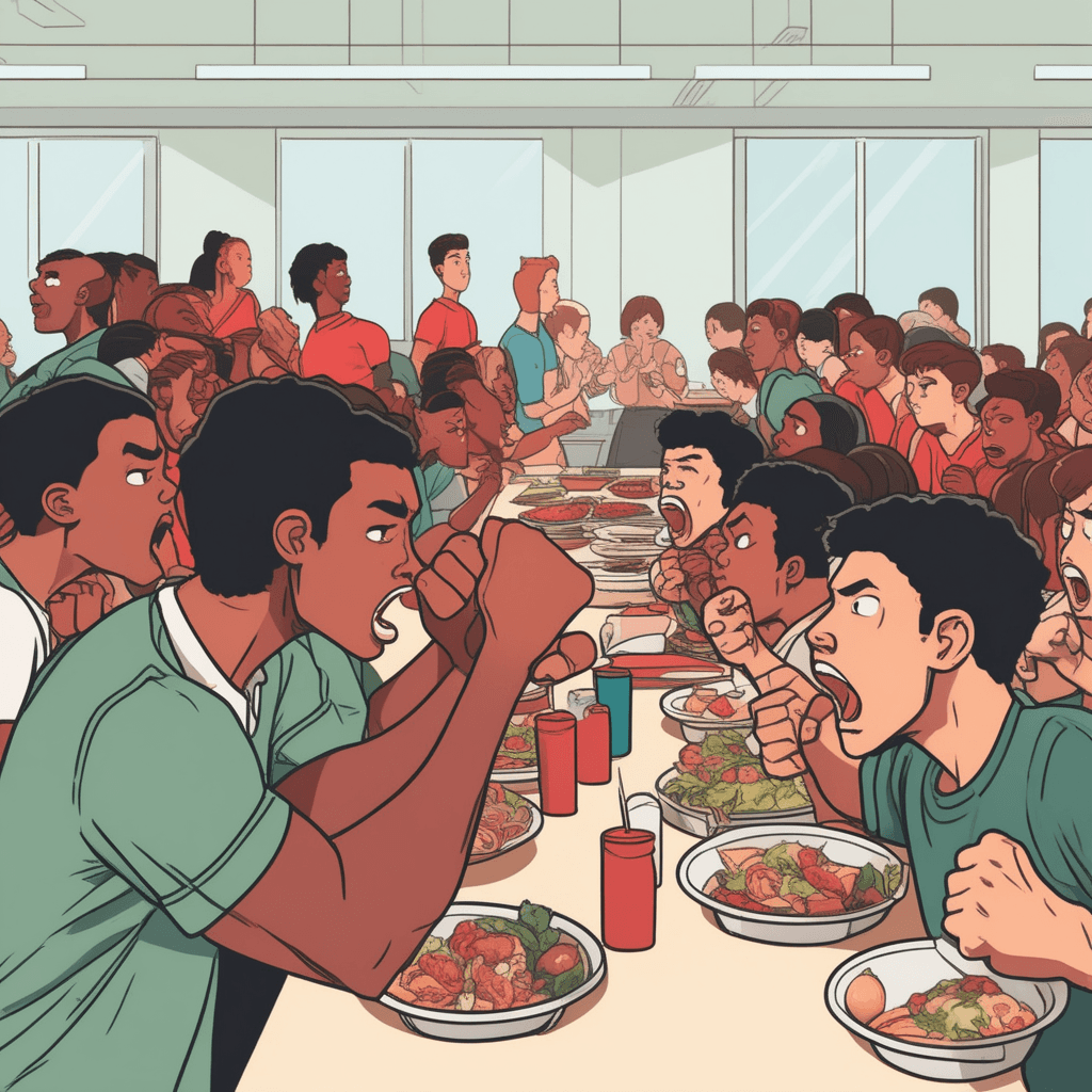 a red-faced student with clenched fists leans forward aggressively toward another student who is simply trying to eat lunch. The aggressive student points angrily and opens his mouth in a shouting gesture over something trivial like spilled milk. The peaceful student looks surprised and defensive, raising his hands to calm the situation. Other students around the lunch tables stop eating and turn to watch the brewing conflict with concerned expressions. someone being eager to argue and fight over minor issues