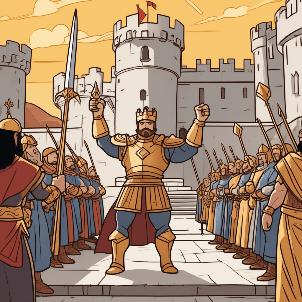 a muscular king in golden armor raises his jeweled scepter high above his head. The scepter glows with magical energy as he commands the elements around him. Lightning bolts shoot from the scepter toward the sky while the ground trembles beneath his feet. Stone pillars crack and bend from the force of his power. Knights and courtiers kneel in awe as they witness his incredible display of might. Birds fly away from the castle towers as the king's influence reaches across the entire courtyard. great power, strength, and commanding influence in action