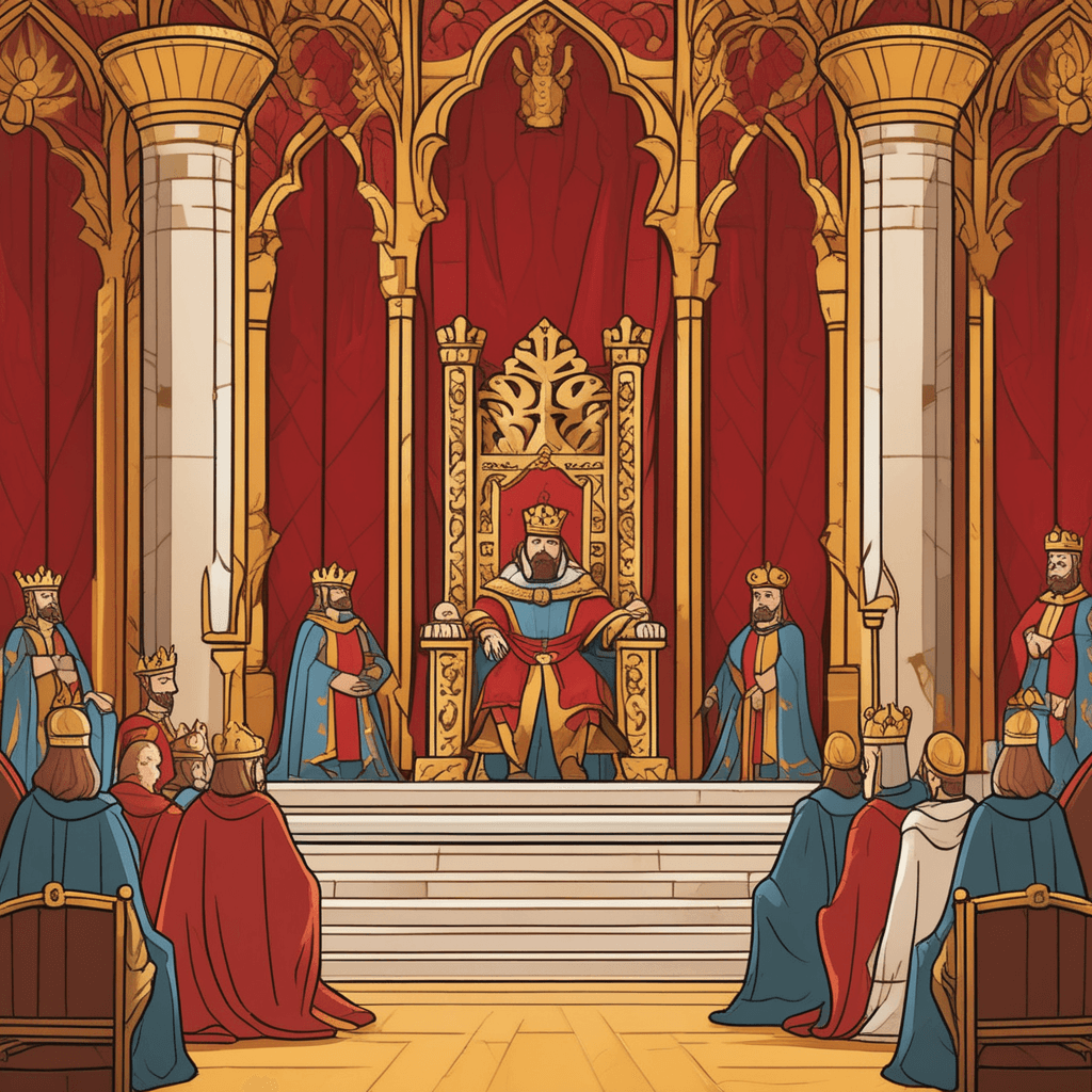 a mighty king raises his jeweled scepter high above his head while seated on an ornate golden throne. His commanding gesture immediately captures everyone's attention as his royal robes flow dramatically around him. The moment he speaks, all the nobles and courtiers in the room bow deeply in unison. Guards straighten their postures and servants halt their movements to listen intently. Every person in the throne room responds instantly to his presence and authority. having great power or influence over others