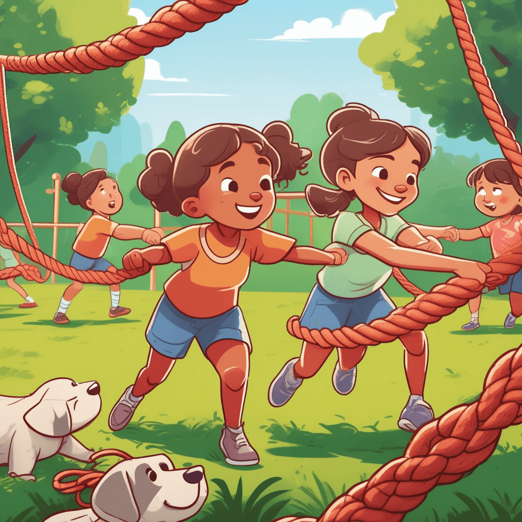 a determined child grips a thick rope tightly with both hands and leans backward. She uses her whole body weight to move the rope toward her team's side. The rope stretches taut as opposing force resists from the other end. Her teammates behind her also pull in the same direction, creating a chain of pulling motion. Other children on the opposite side pull back, showing the competitive struggle. The grass beneath their feet shows scuff marks from their effort. using force to move something toward you or in the direction that your hands are moving
