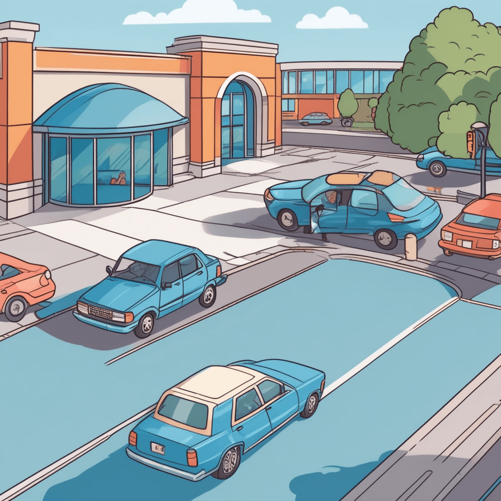 a blue family car slowly drives through the parking lot entrance gate. The driver carefully steers the vehicle toward an empty parking space near the mall building. After searching for a spot, the car moves forward and enters the designated parking area. The wheels align perfectly within the white parking space lines as the car comes to a complete stop. A parking attendant waves from nearby while shoppers walk toward the mall entrance carrying bags. Other cars wait behind as families exit their vehicles and head toward the building. a vehicle being pulled into a specific location by driving