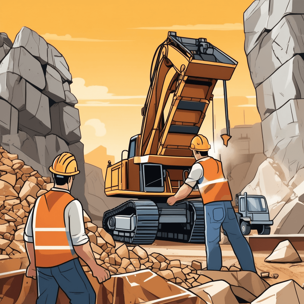 a construction worker operates a large rock crusher machine that breaks down big stones. The machine's powerful jaws grip a boulder and crush it with tremendous force. Large rocks go into the top of the machine and come out as fine gravel and dust at the bottom. Clouds of dust particles float in the air around the crushing mechanism. Other workers nearby cover their faces from the fine powder being created. A pile of crushed stone powder accumulates below the machine's output chute. materials being reduced to fine particles by crushing and grinding