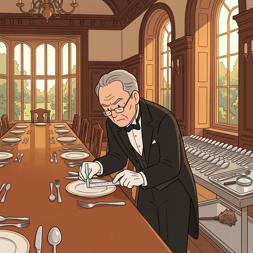 The punctilious butler polishes every silver spoon to perfect alignment.