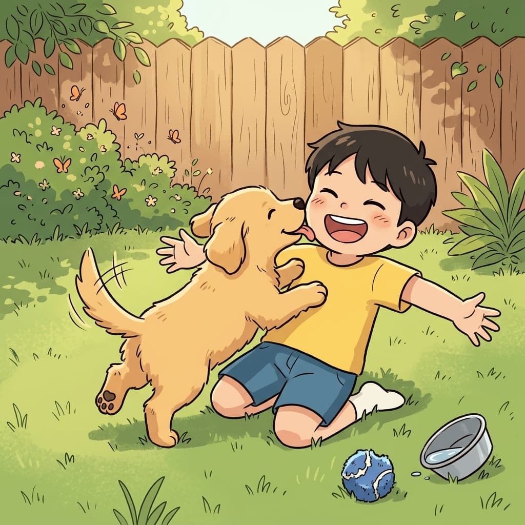 A little puppy wags its tail and licks the kid's face in the backyard.