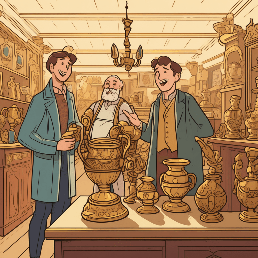 an enthusiastic antique shop owner holds up an ornate golden vase, gesturing proudly while describing it to interested customers. He points to various decorative details with confident expressions and animated hand movements. However, a sharp-eyed expert in the background examines the piece with a magnifying glass, showing a skeptical frown. Other customers look back and forth between the confident seller and the doubtful expert, their faces showing uncertainty. The contrast between the seller's confident claims and the expert's suspicious examination creates visible tension. something being claimed as genuine but not necessarily proven to be so