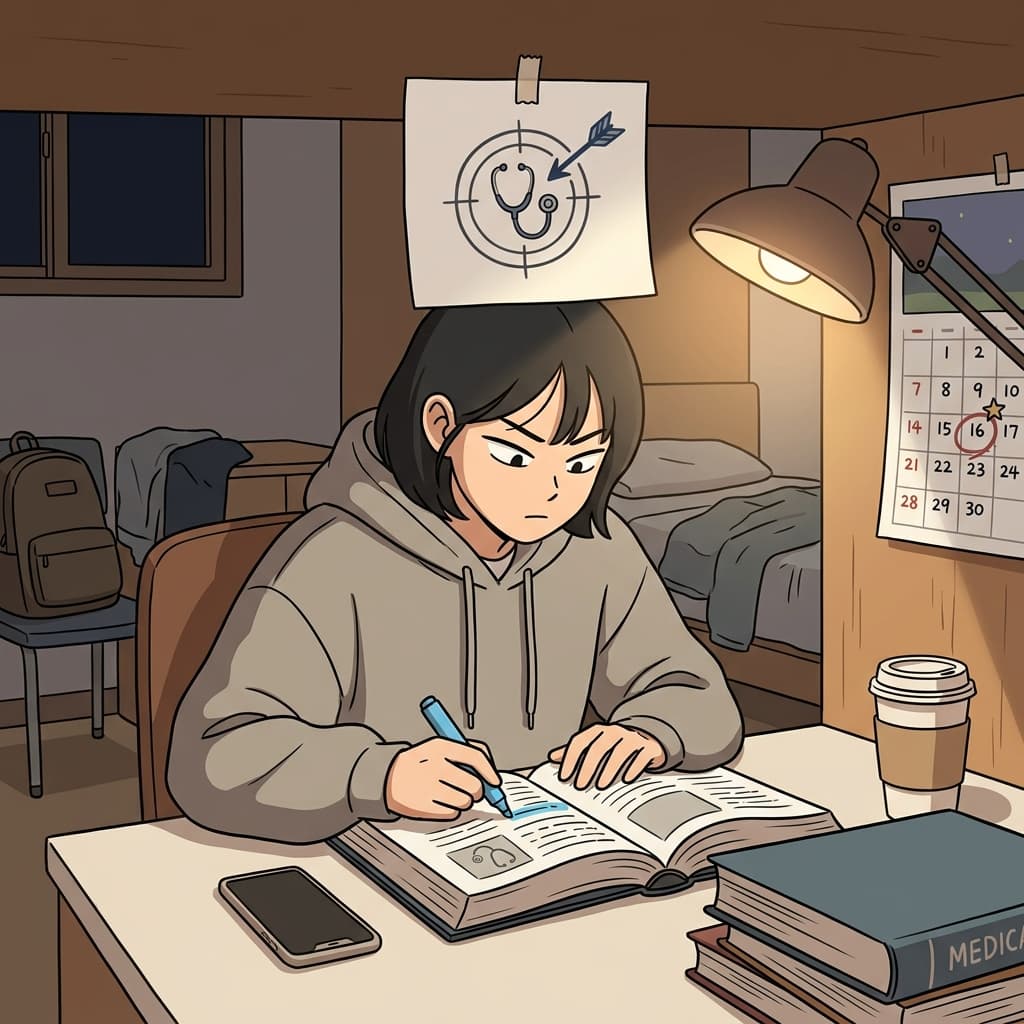 She studies late every night with one clear purpose — getting into medical school.