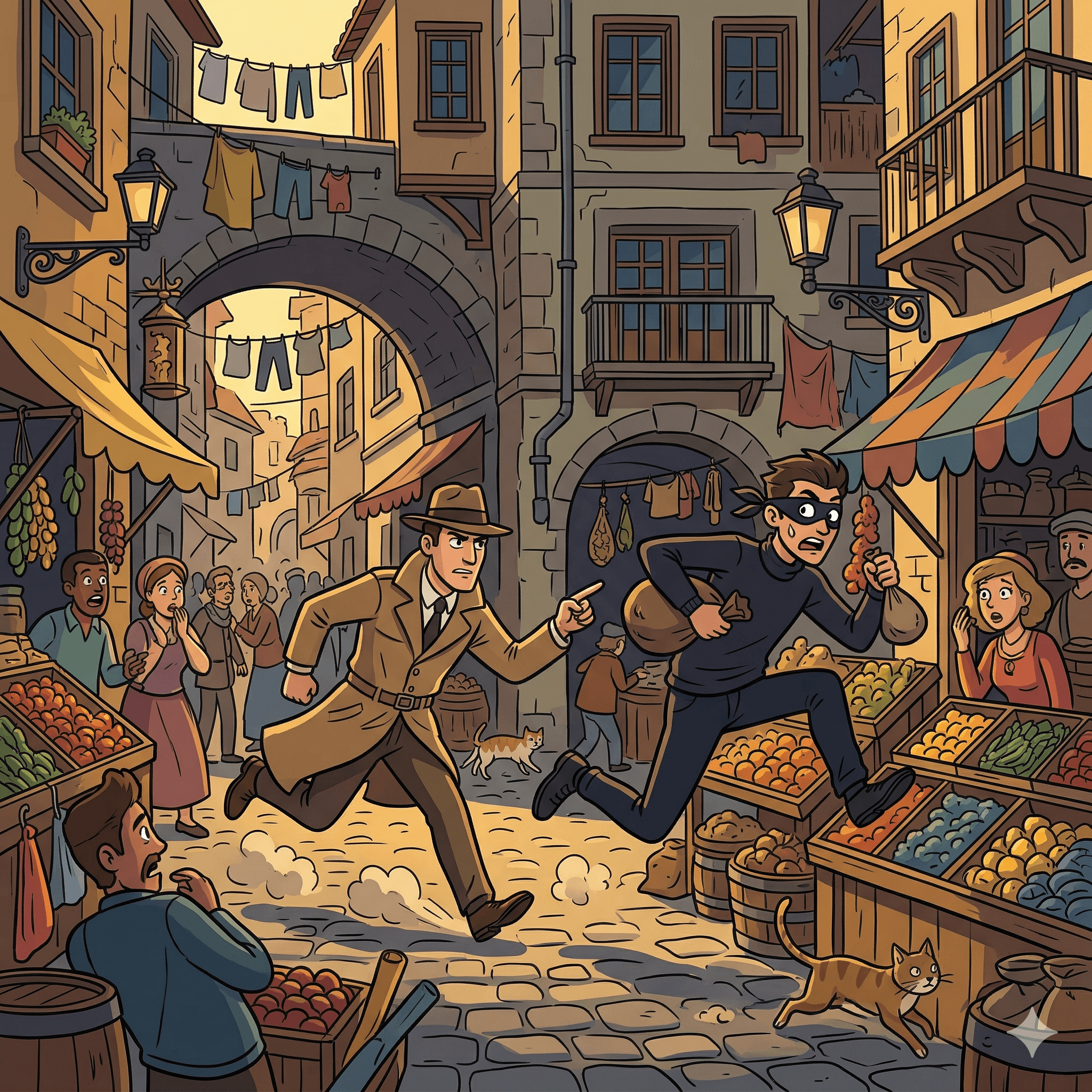 A determined detective pursues a thief through a busy city street.