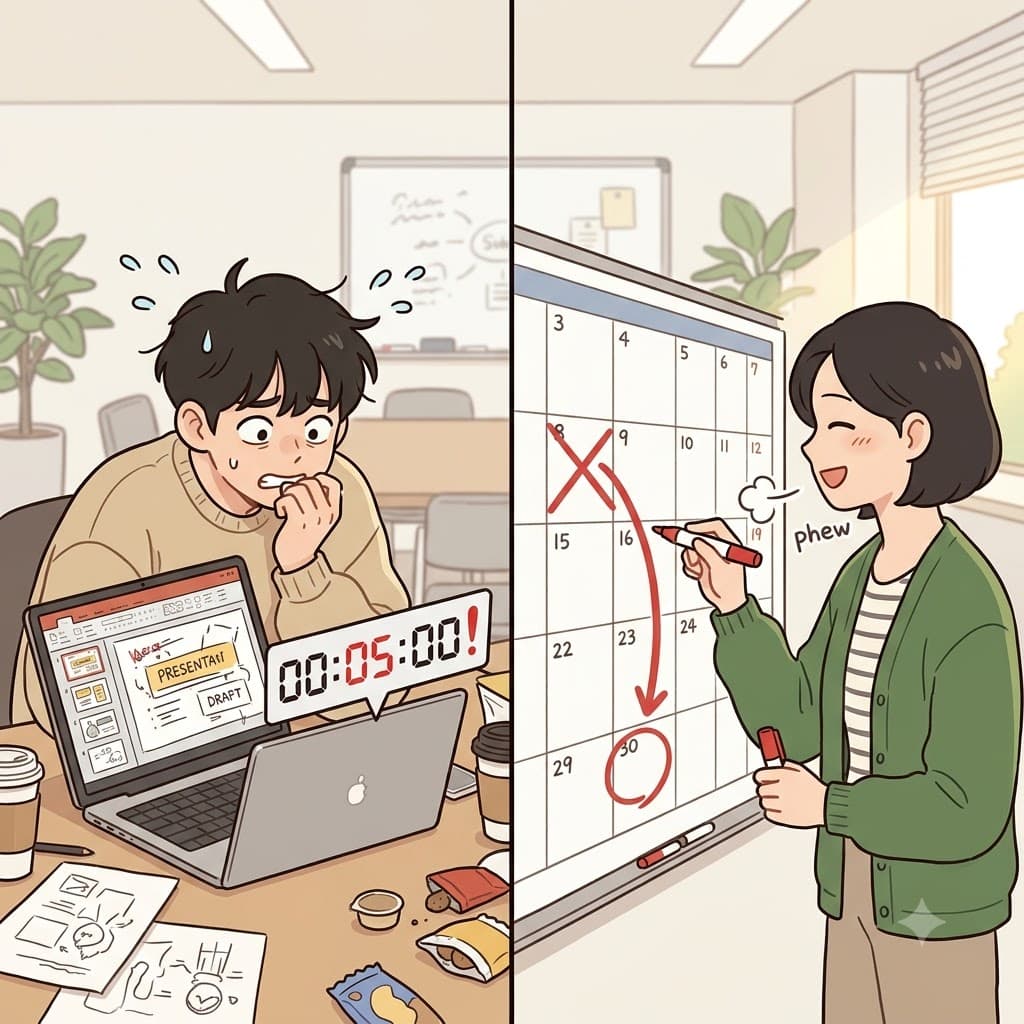 While one team member tried to rush the unfinished report, the project leader decided to push back the deadline by two weeks on the calendar.