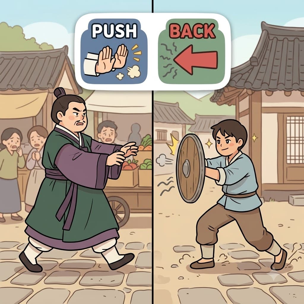 PUSH (apply force) + BACK (in return) — by using heavy wooden shields to PUSH BACK against the bullies, the villagers began to push back.