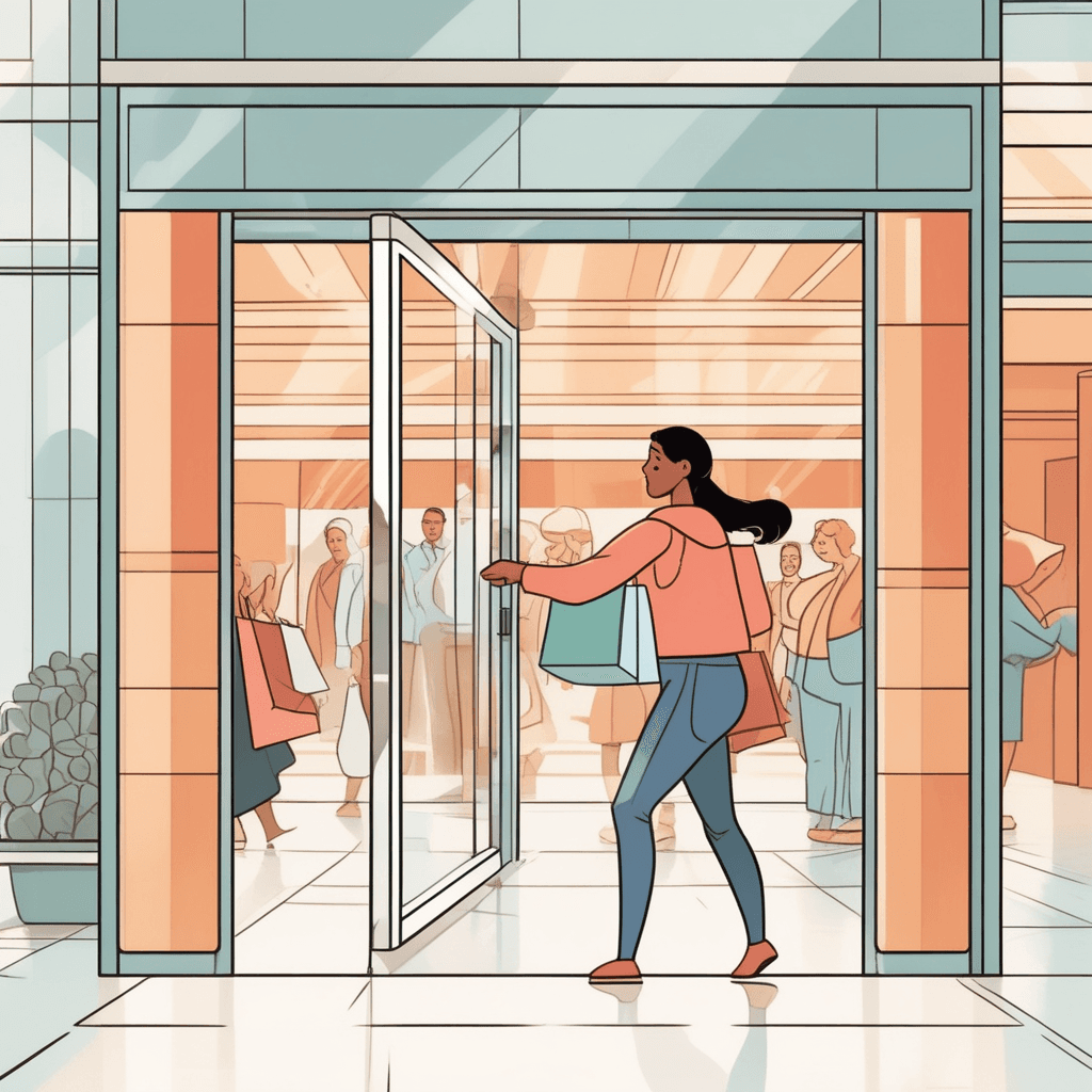 a determined shopper places both hands flat against a heavy glass door and leans forward with effort. Her body position shows she is applying force to move the door outward from her position. The door begins to swing open as she continues applying pressure with her arms extended. The resistance of the heavy door requires her to use significant strength to overcome it. Other shoppers wait behind her, watching as she works to open the entrance for everyone. A small child nearby observes how much effort it takes to move the heavy barrier. using force to move something away from you