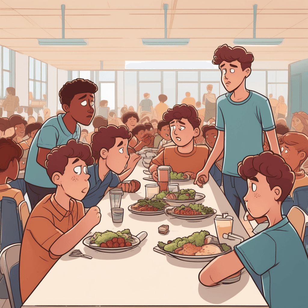 a timid student holds his lunch tray while three bigger students surround him with demanding expressions. The gentle student immediately hands over his sandwich and apple without any resistance when they point at his food. The bullies smile confidently as they take his lunch items one by one. The timid student's shoulders slump as he watches his food disappear onto their trays. Other students at nearby tables shake their heads, recognizing this daily routine. a person who is easy to overcome or influence