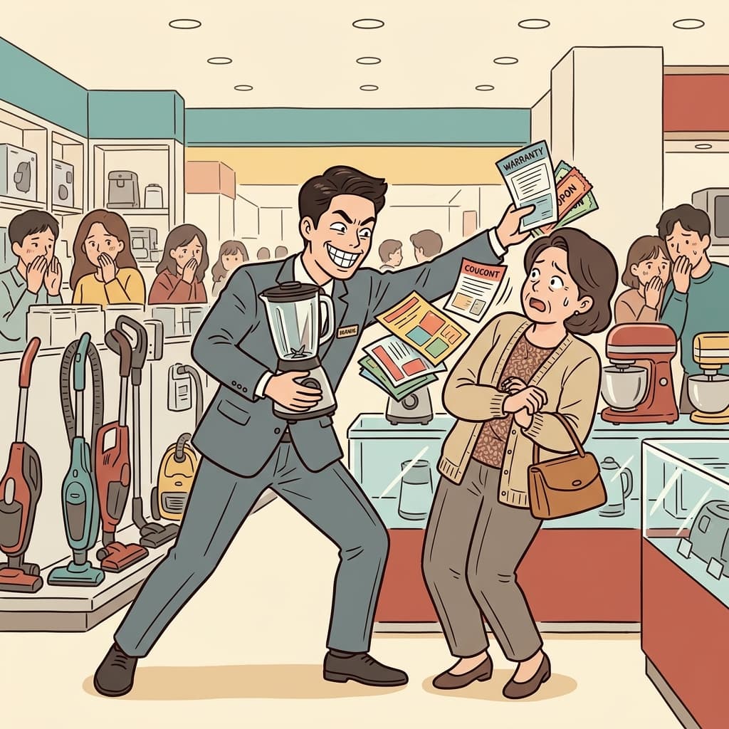 The pushy salesman won't let the customer leave without buying something.