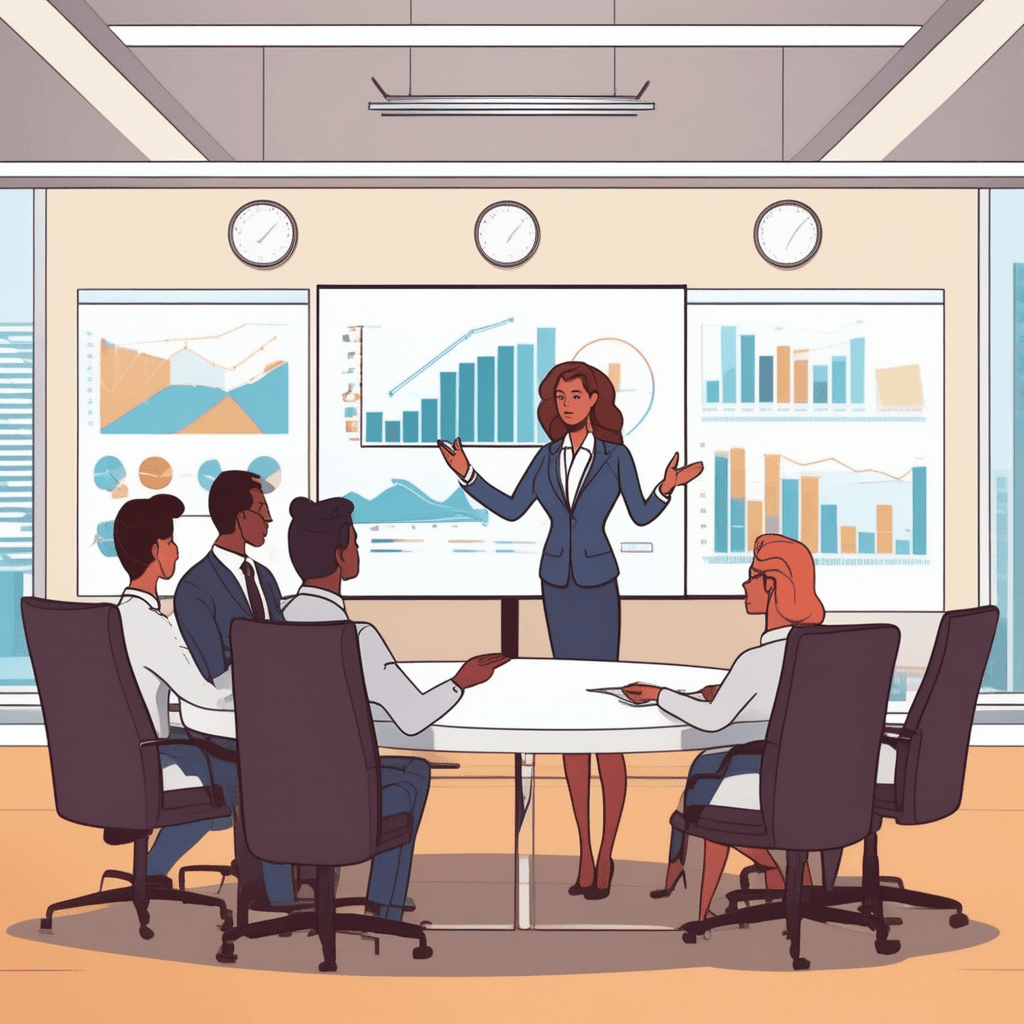 a confident businesswoman stands beside a large presentation board, gesturing toward detailed charts and diagrams. She points enthusiastically at her visual proposal while speaking to the seated board members. The executives lean forward attentively, some nodding thoughtfully as they consider her innovative marketing strategy. Others take notes or whisper quietly among themselves about the compelling presentation. Her animated gestures and the focused attention of the audience create an atmosphere of serious consideration. someone suggesting and proposing an idea for careful consideration by decision-makers